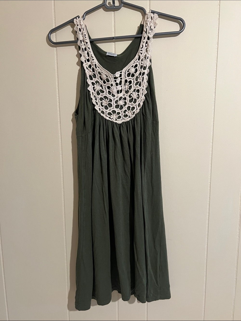 Charming Charlie Olive Green Sundress with Cream Crochet Yoke
